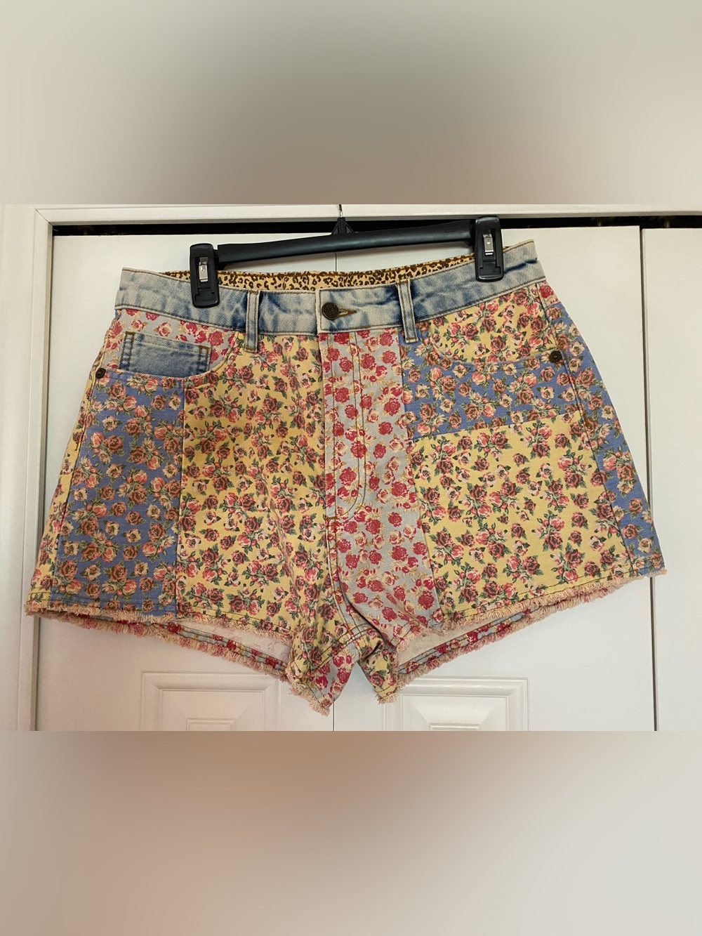 Anthropologie Floral Patchwork High-Rise Denim Shorts - Yellow/Blue - Picture 3 of 10